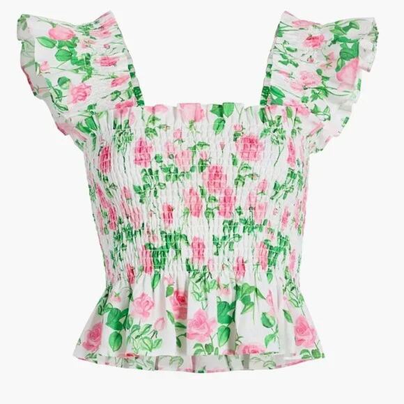 HILL HOUSE The Paz Cropped Nap Top Pink Roses Smocked Ruffle Size Large NEW - Picture 1 of 4